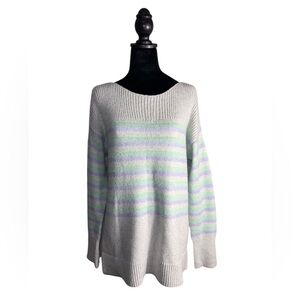 Ann Taylor LOFT Tunic Sweater Sz M Gray Aqua Blue Stripe Wool Blend Boat Neck